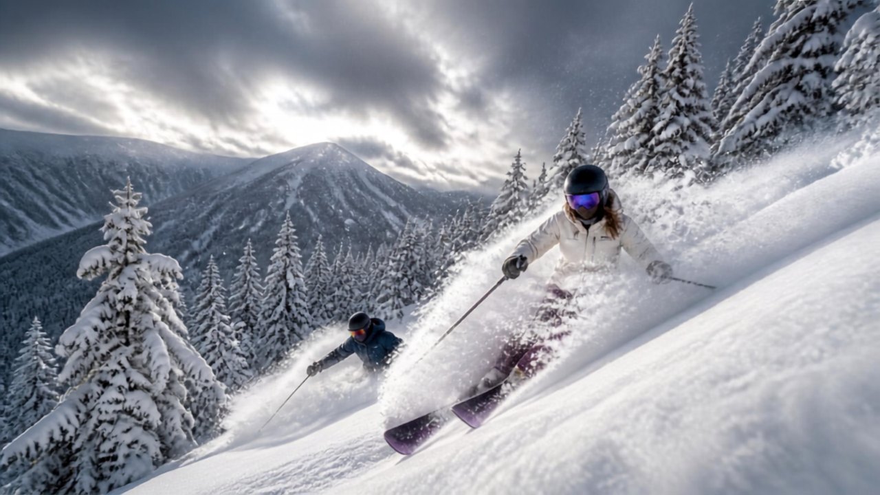 Skiers descending through trees at Kiroro under heavy storm cloud