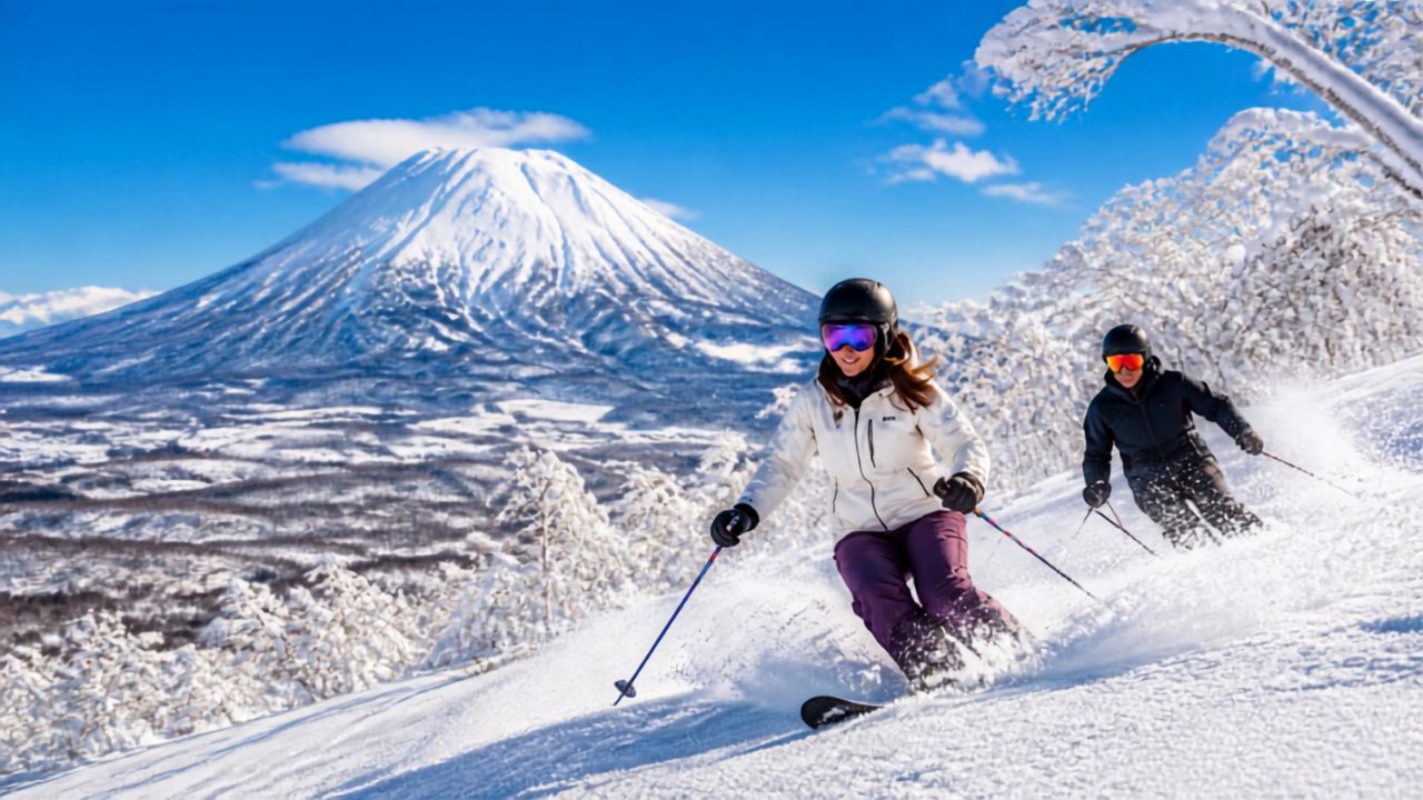 Skiers on a groomed run at Niseko with Mount Yotei rising behind under a clear winter sky