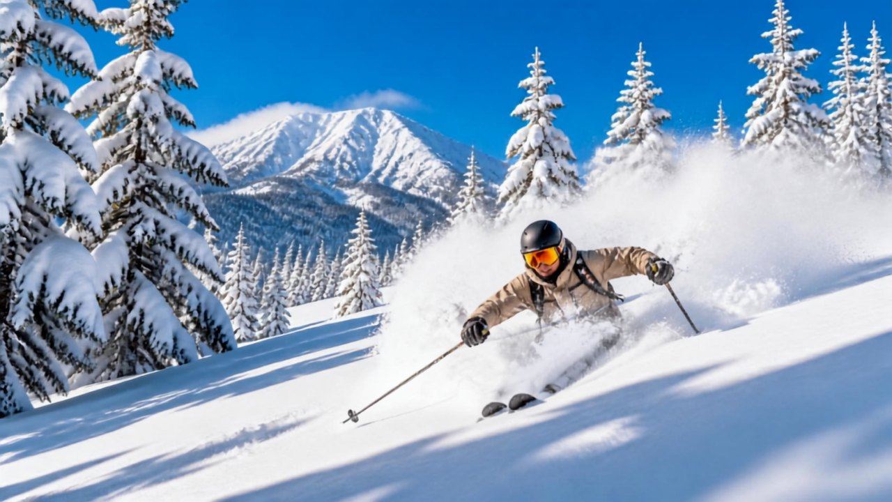 A skier carving through deep powder between snow-laden trees at Rusutsu