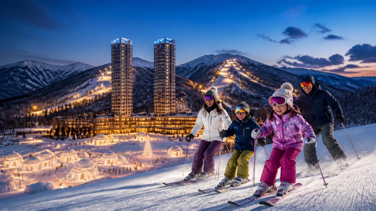 The illuminated twin towers and Ice Village at Tomamu at dusk, a family skiing in the foreground